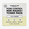 Quadratische Produktverpackung für Breakout+Aid Pore Control Mini Masks + Toner Pads mit Symbolen und Text zu Salicylsäure, grünem Tee und Hamamelis.