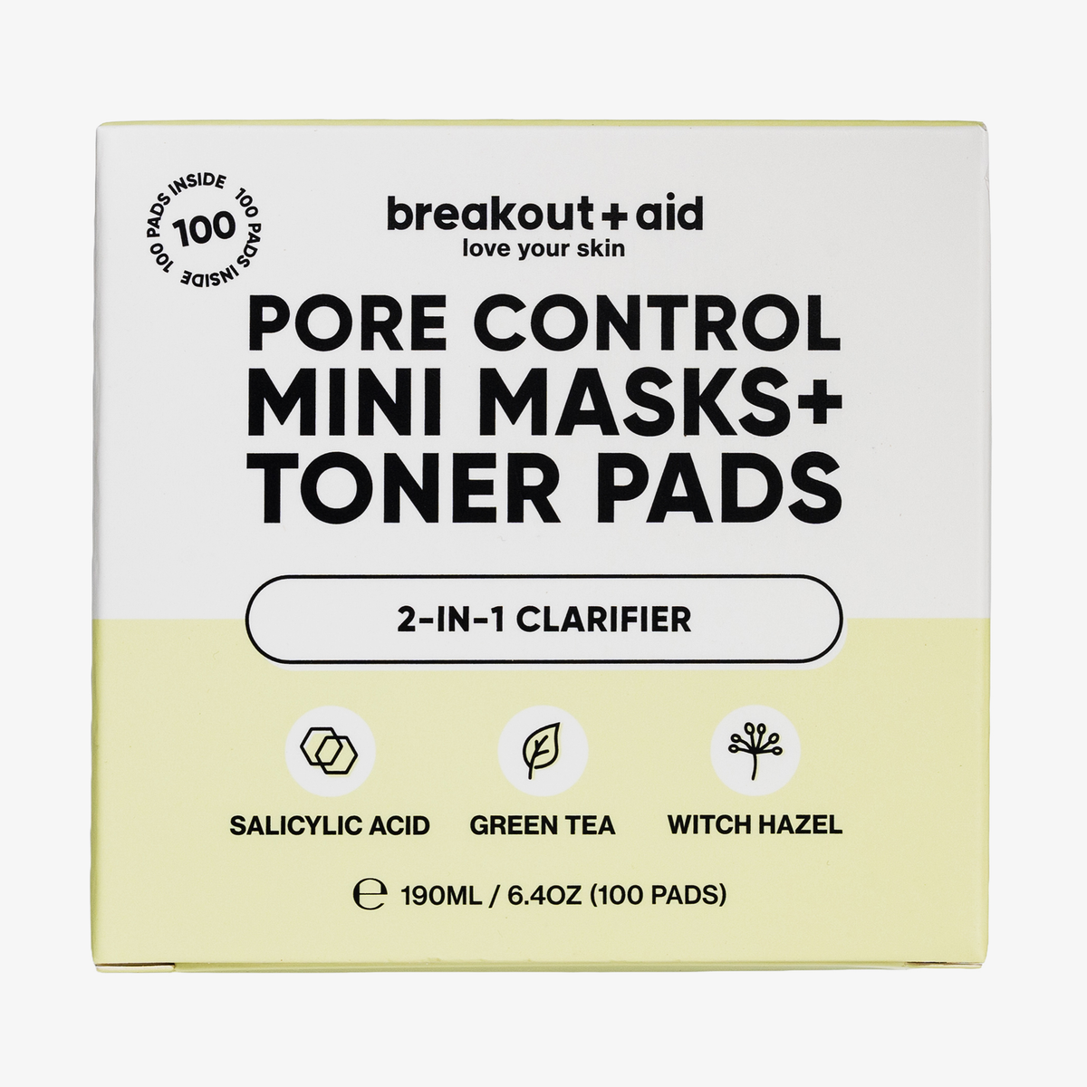 Quadratische Produktverpackung für Breakout+Aid Pore Control Mini Masks + Toner Pads mit Symbolen und Text zu Salicylsäure, grünem Tee und Hamamelis.