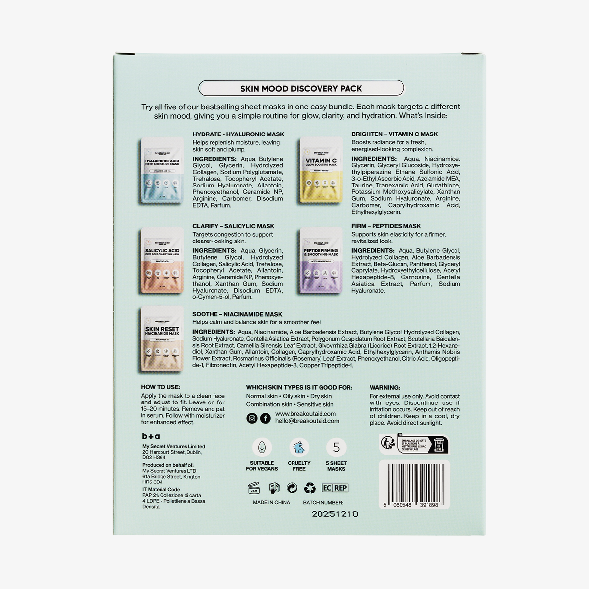Rückseite der Verpackung des Skin Mood Discovery Bundle, auf der fünf Produktbeschreibungen, Inhaltsstofflisten, Anwendungshinweise und Sicherheitshinweise abgebildet sind.