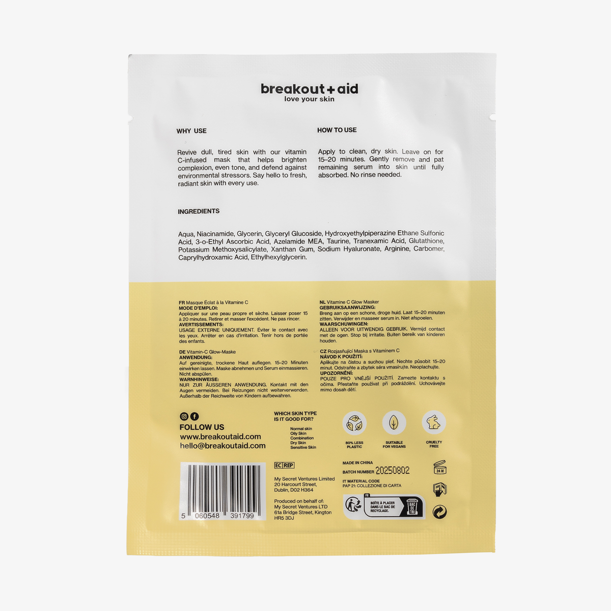 Rückseite eines rechteckigen, aufreißbaren Vitamin-C-Masken-Beutels mit aufgedruckten Anweisungen, Inhaltsstoffen und Anwendungssymbolen.