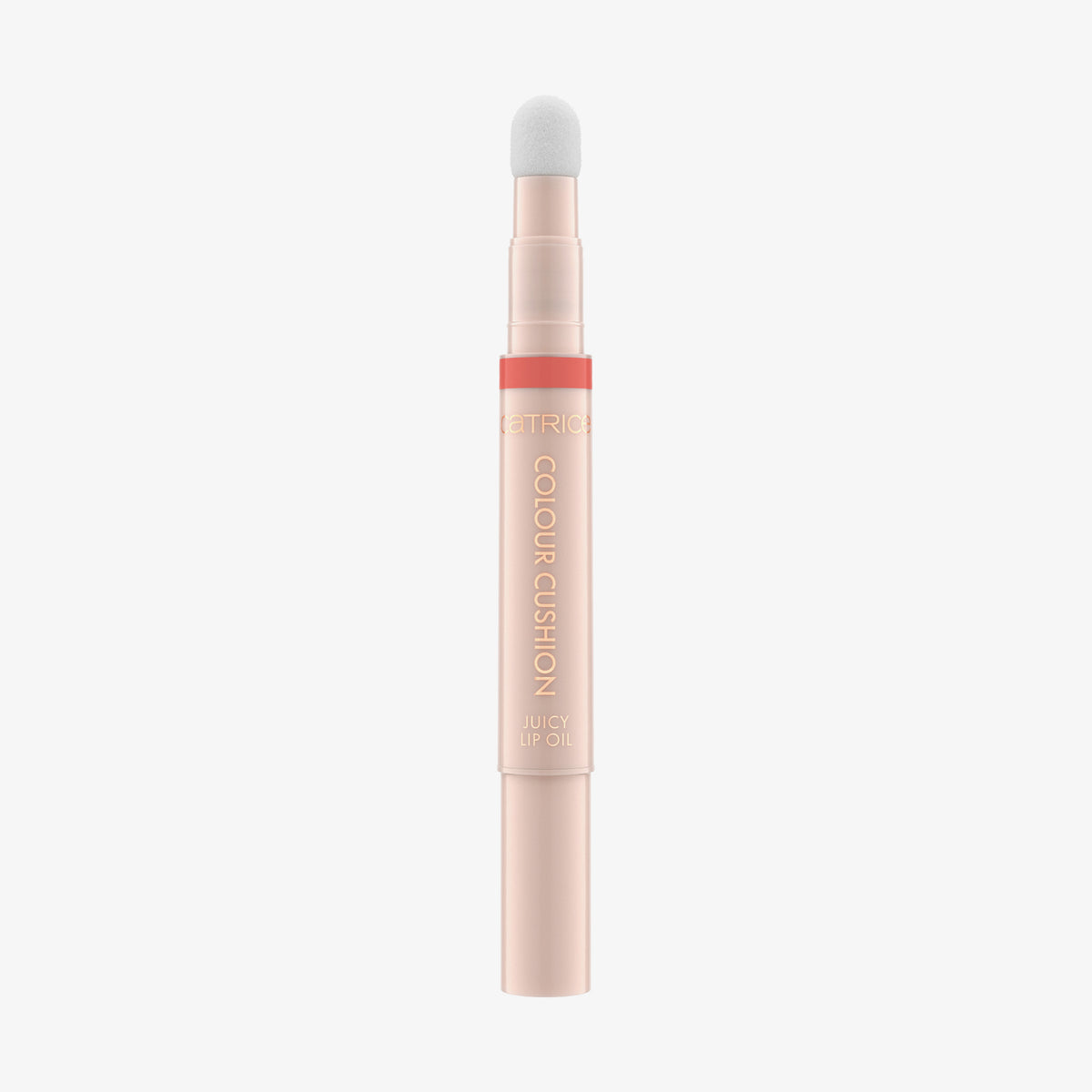 Das Colour Cushion Juicy Lip Oil von Catrice Cosmetics ist ein pfirsichfarbener Lippenölstift mit Schwammapplikator und dem Colour Cushion-Label auf der Tube.