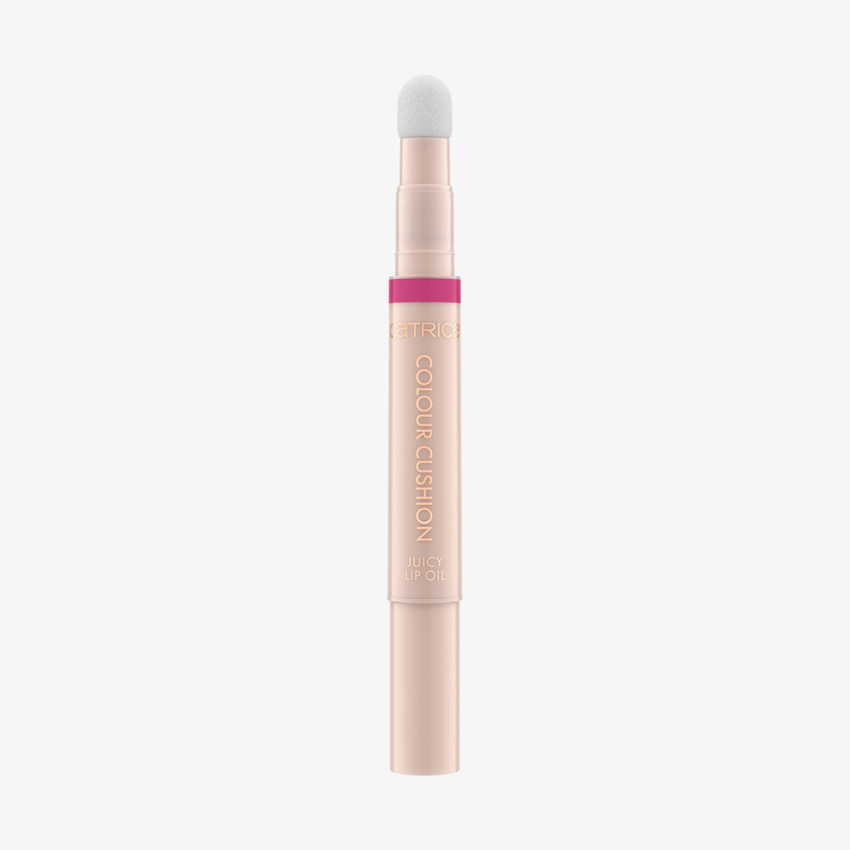 Das Catrice Cosmetics Colour Cushion Juicy Lip Oil ist ein roségoldener Lippenölstift mit einem kissenförmigen Applikator und einem rosa Akzent an der Spitze.