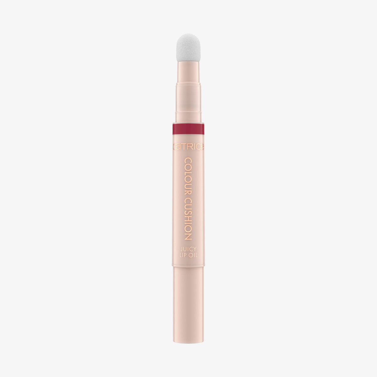 Catrice Colour Cushion Juicy Lip Oil mit weichem Schwamm-Applikator in Rosé-Gold und Nude, elegant vor weißem Hintergrund präsentiert.