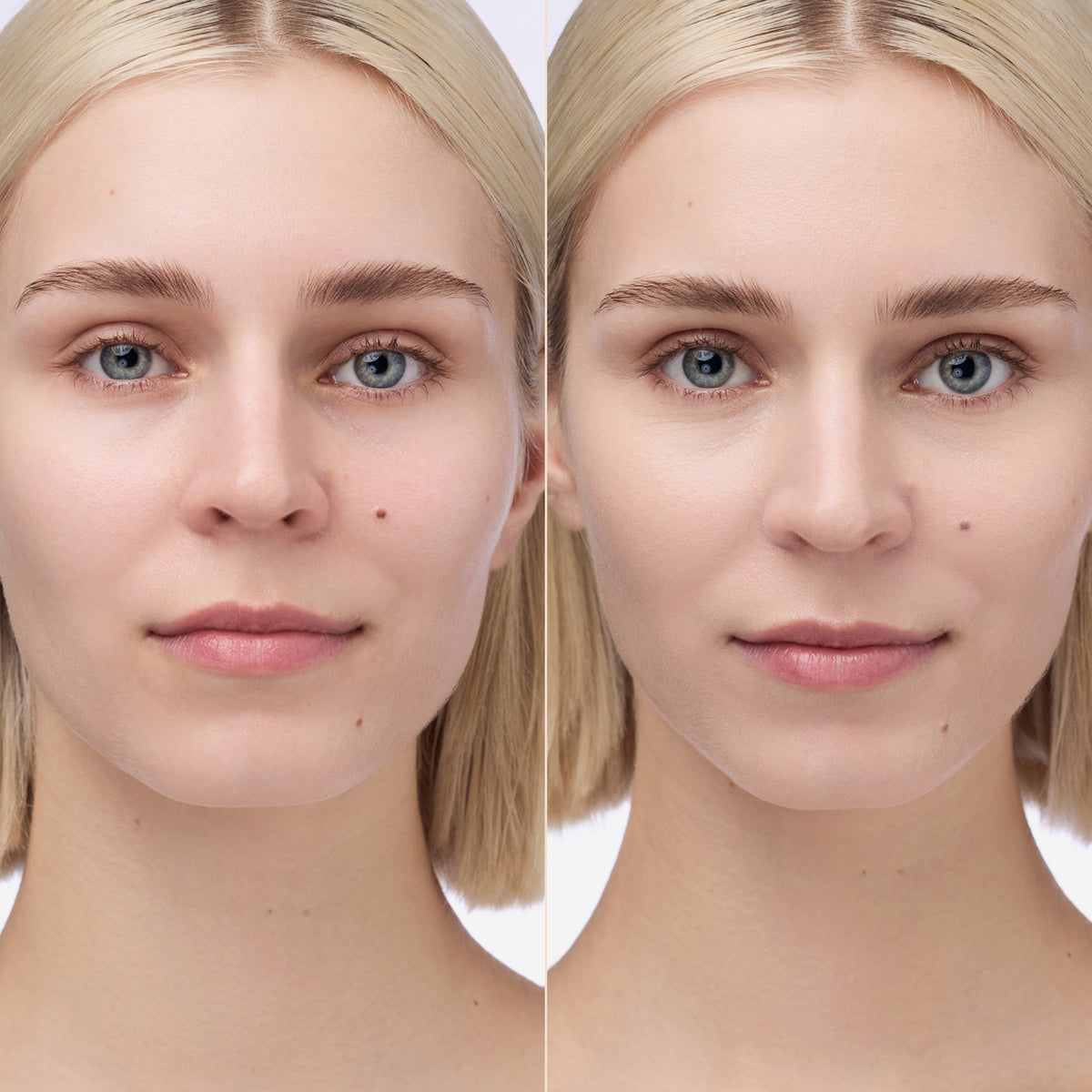 Vorher-Nachher-Bild einer Frau mit blondem Haar und blauen Augen die den Instant Bright Serum Concealer 002N auf der Haut präsentiert.

