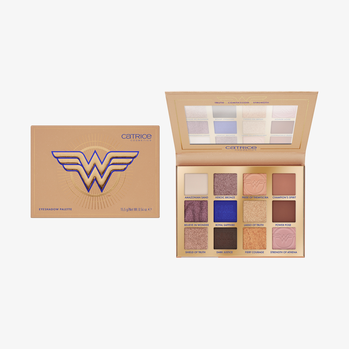 Die Wonder Woman Eyeshadow Palette von Catrice mit verschiedenen Farbtönen wird neben der Verpackung angezeigt.