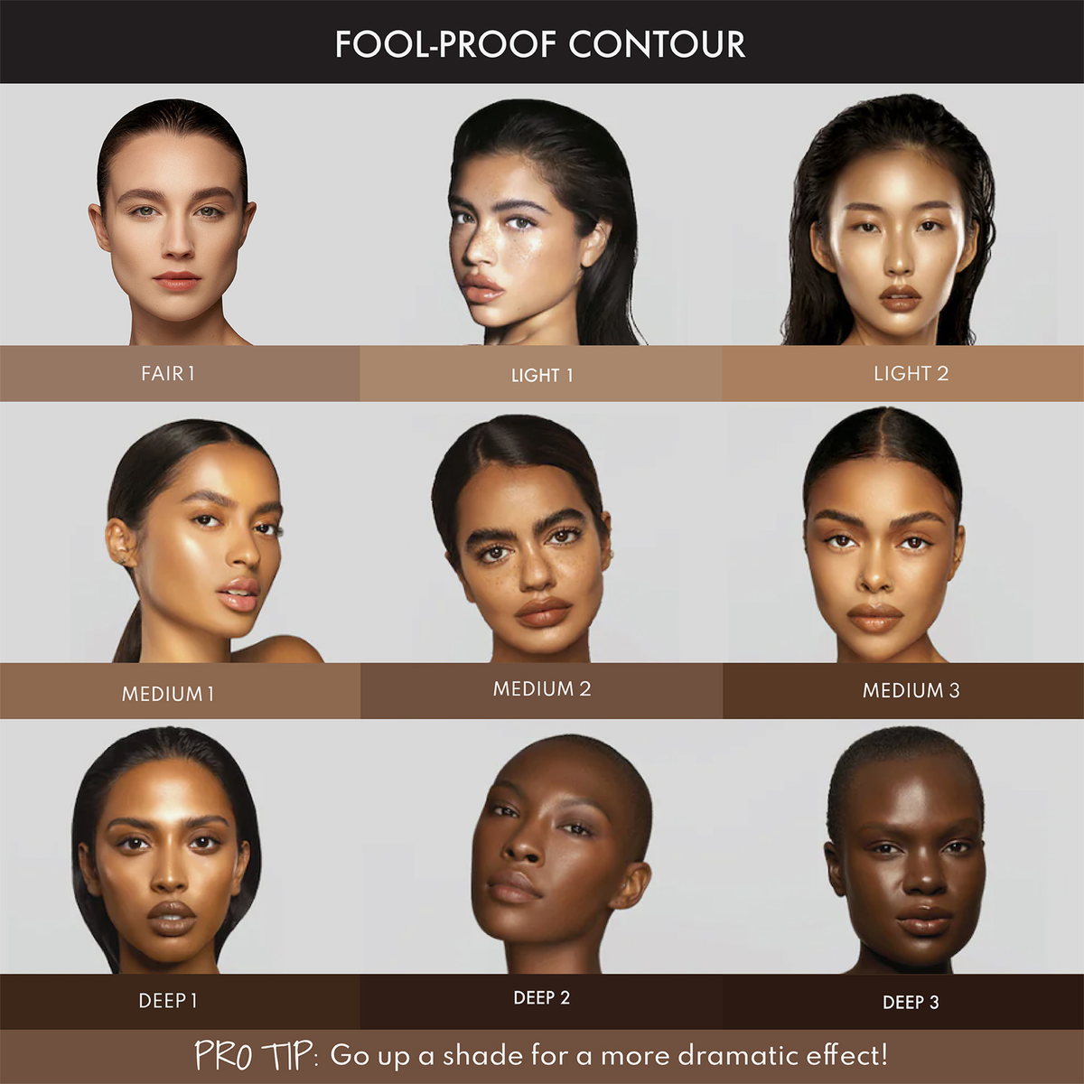 Tabelle mit 9 Frauen mit den Hauttönen Hell 1-Dunkel 3 zur einfachen Auswahl der Balm Contour-Farben von Danessa Myricks Beauty.