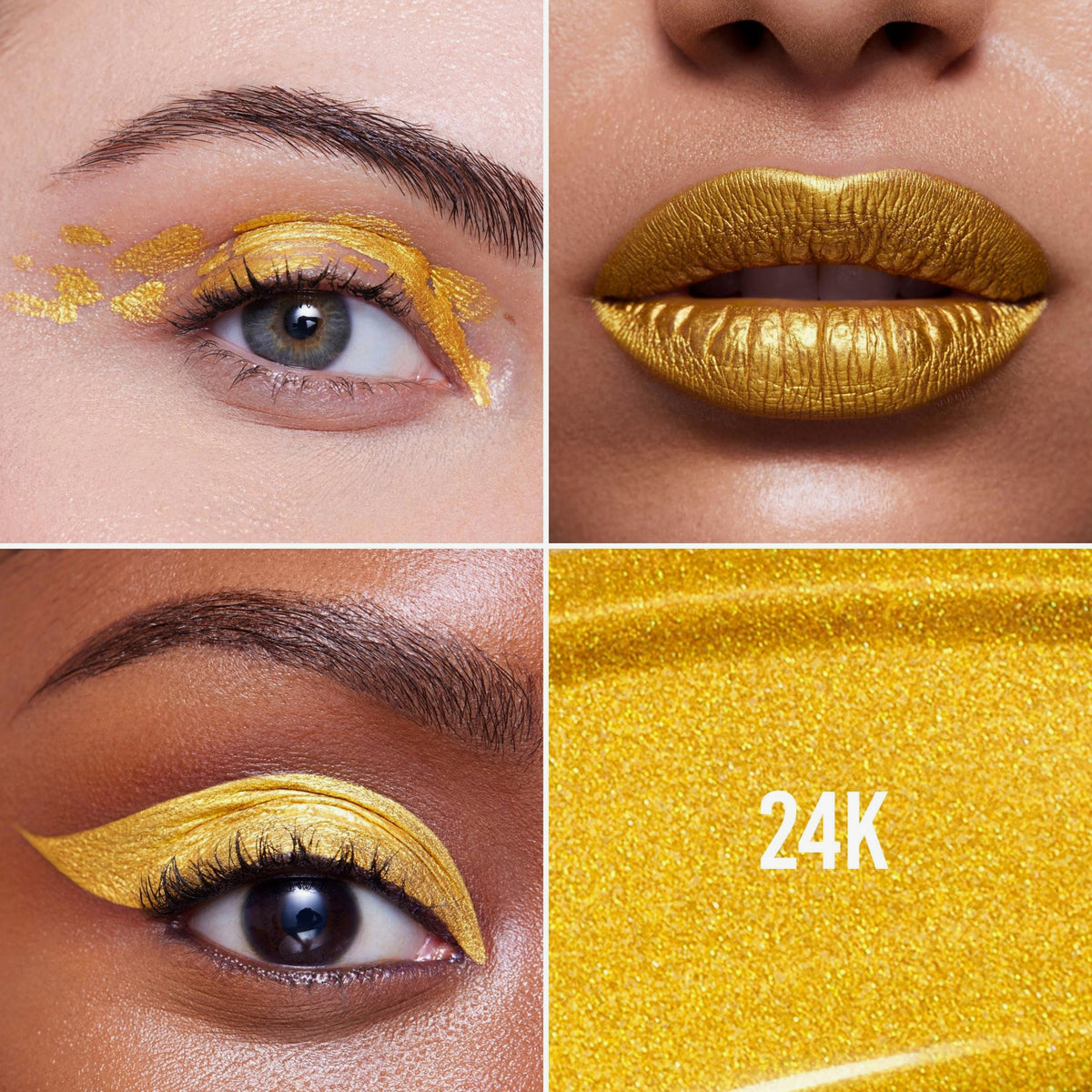 Vier Bilder zeigen Colorfix Liquid Metals 24K (gelbgold) auf Lippen, Augen, als Make-up-Look und als strukturiertes Pigment.
