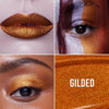Vier Bilder zeigen Colorfix Liquid Metals Glided (schimmerndes orange-bronze) auf Lippen, Augen, als Make-up-Look und als strukturiertes Pigment.