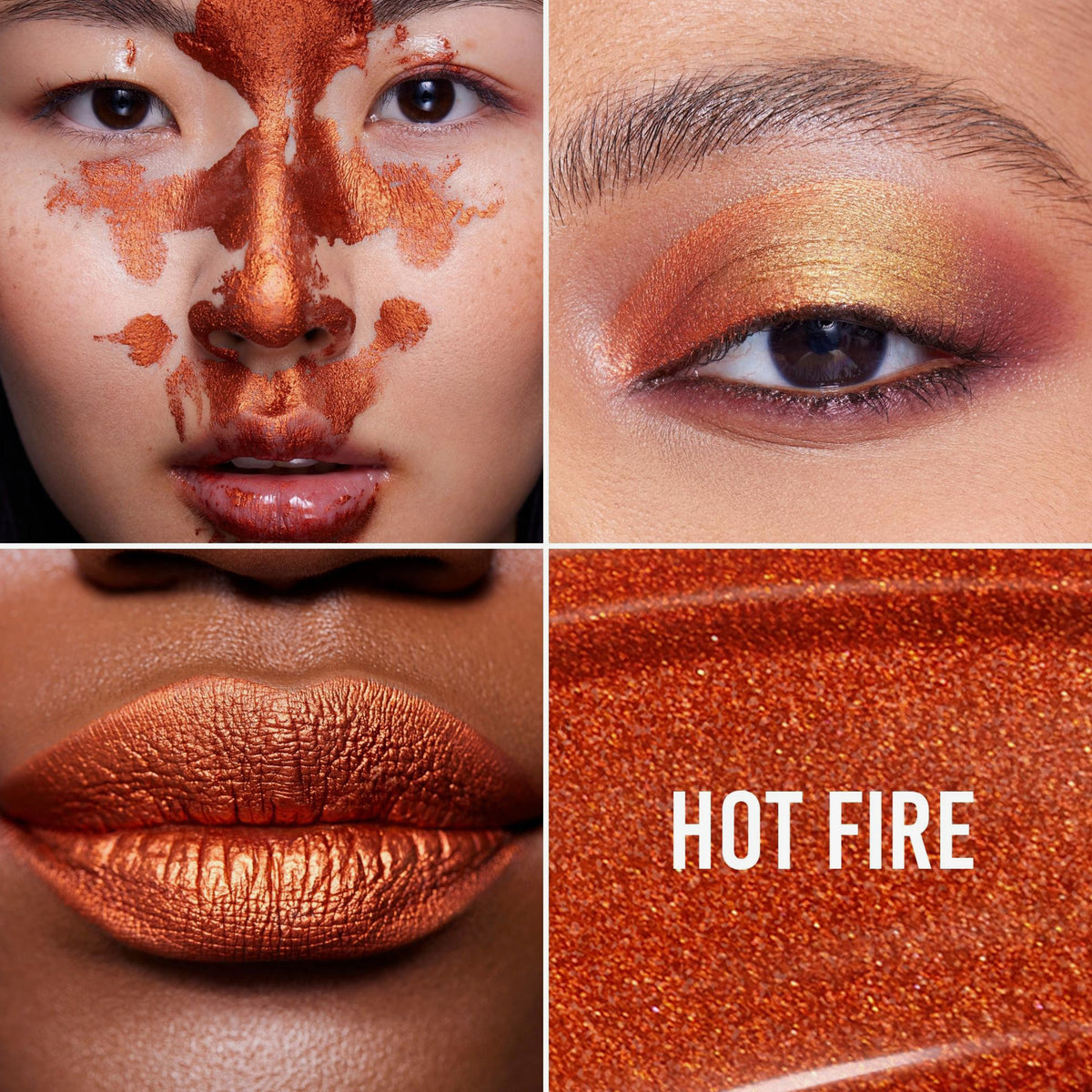 Vier Bilder zeigen Colorfix Liquid Metals Hot Fire (rot-bronze) auf Lippen, Augen, als Make-up-Look und als strukturiertes Pigment.