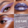 Collage mit vier Bildern: lilafarbener, metallischer Flüssigschimmer als Lidschatten, Lippenfarbe, Highlighter und Nahaufnahme mit dem Farbtonnamen „Lilac Flame“.