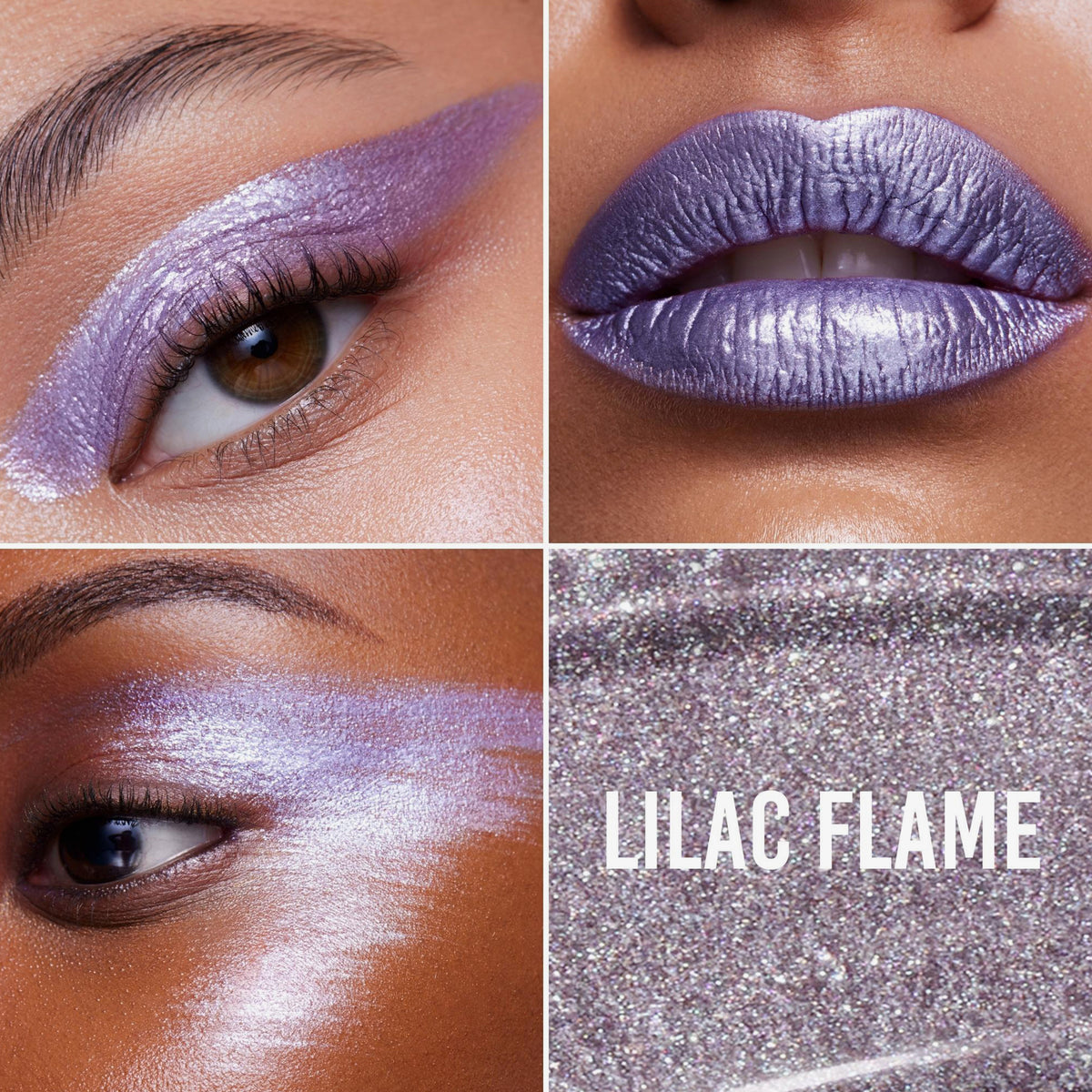 Collage mit vier Bildern: lilafarbener, metallischer Flüssigschimmer als Lidschatten, Lippenfarbe, Highlighter und Nahaufnahme mit dem Farbtonnamen „Lilac Flame“.