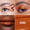 Vier Tafeln zeigen metallisches Kupfer-Make-up auf Augen und Lippen mit Colorfix Liquid Metals, mit „SPARK“ auf einem glitzernden Kupferhintergrund.
