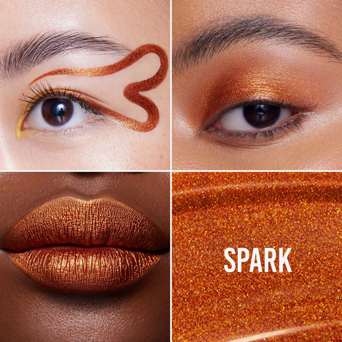 Vier Tafeln zeigen metallisches Kupfer-Make-up auf Augen und Lippen mit Colorfix Liquid Metals, mit „SPARK“ auf einem glitzernden Kupferhintergrund.