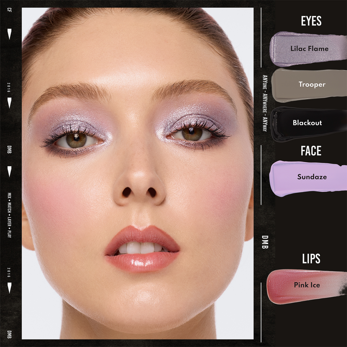 Gesicht eines Models mit metallischem Augen-Make-up; daneben Farbswatches der Danessa Myricks Colorfix Liquid Metals für Augen, Gesicht und Lippen.