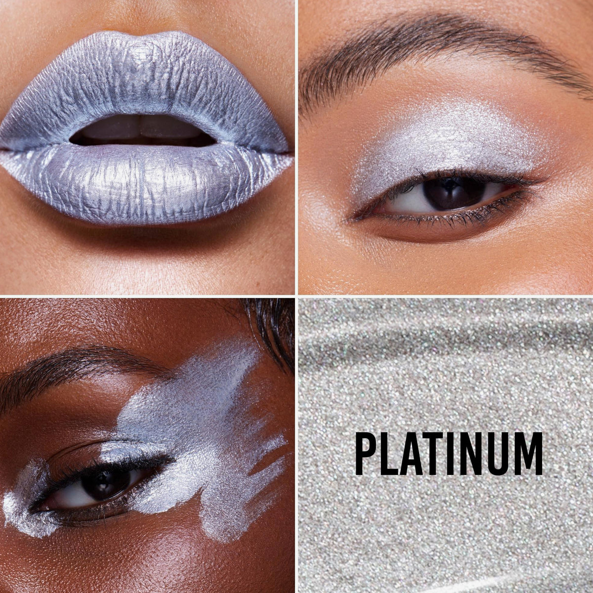 Collage mit vier Bildern: metallisch-silberner Flüssigschimmer als Lippenfarbe, Lidschatten, kreatives Eye-Highlighting und Nahaufnahme mit dem Farbtonnamen „Platinum“.