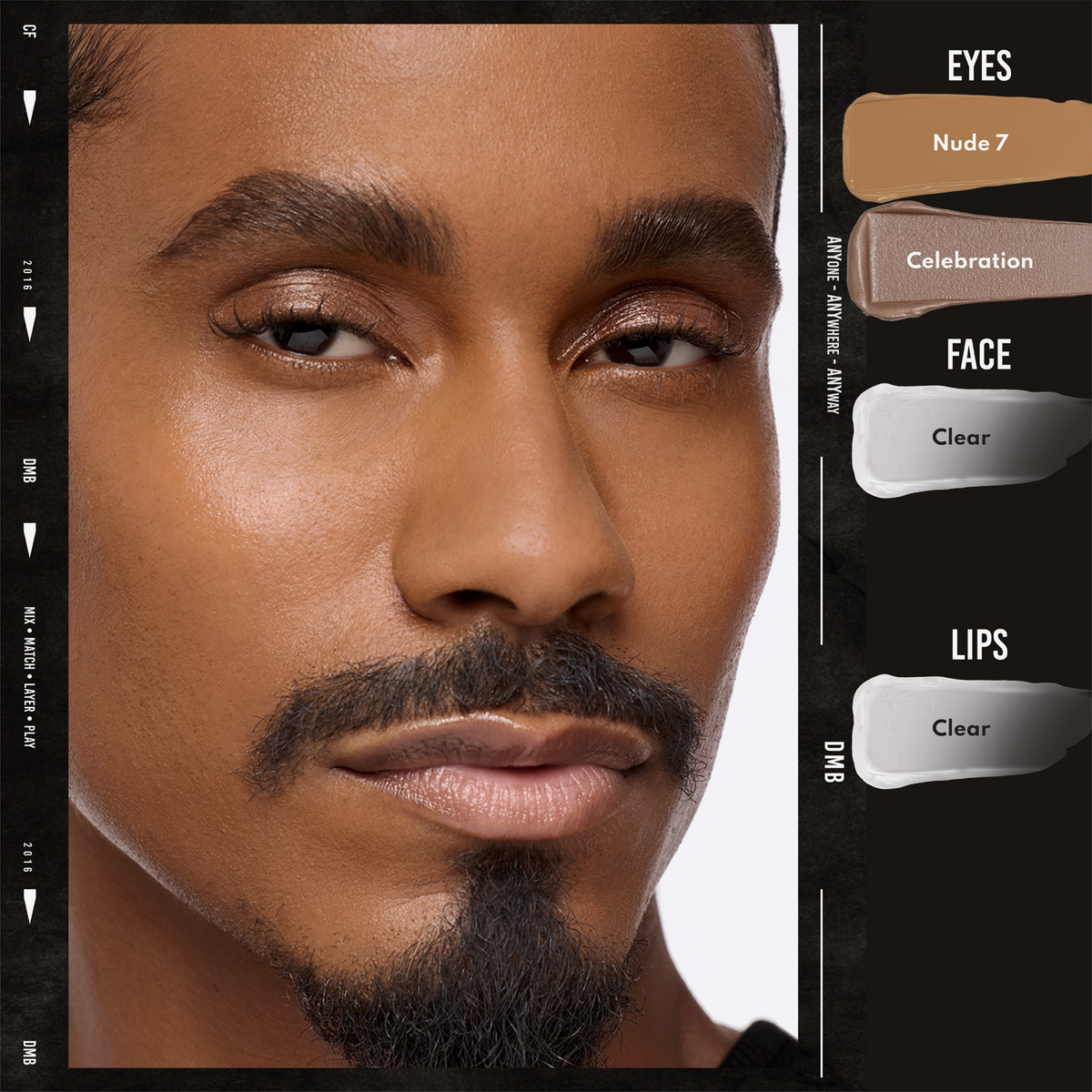Nahaufnahme eines Gesichts mit Danessa Myricks Beauty Colorfix Metallics in Nude 7 (Augen), Celebration (Gesicht) und Clear (Lippen).