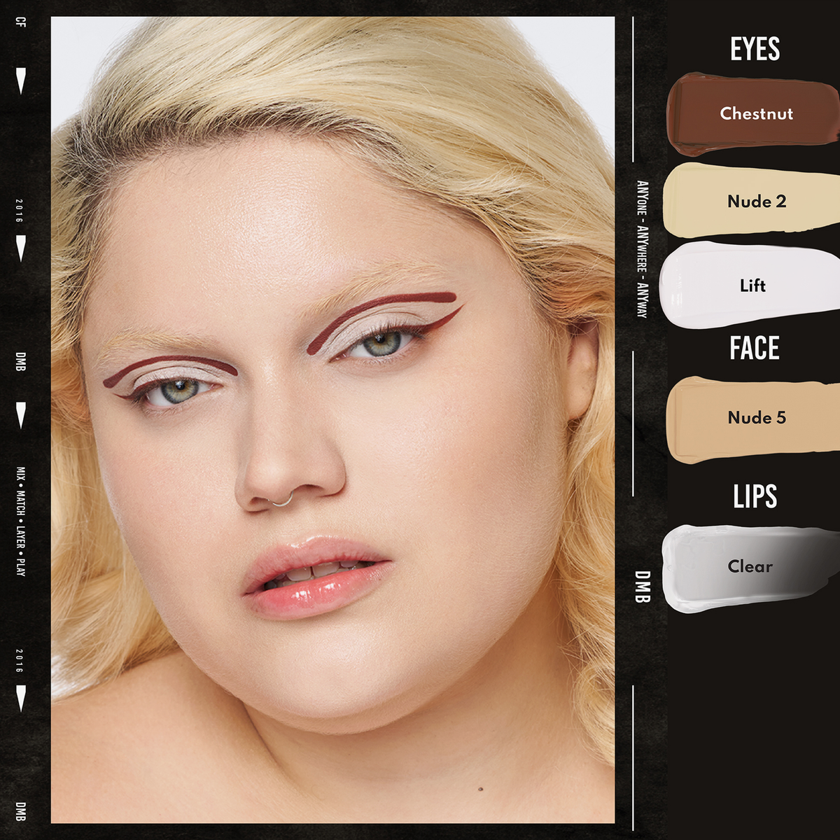 Eine Frau trägt ein grafisches Augen-Make-up in Braun und Weiß und nudefarbene Lippen mit Danessa Myricks Beauty Colorfix Nudes für Augen, Gesicht und Lippen.