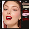 Eine Frau trägt Danessa Myricks Beauty Colorfix Pastels mit glänzenden roten Lippen, rosigem Rouge und schimmerndem Lidschatten; die Namen der Make-up-Nuancen sind rechts aufgeführt.