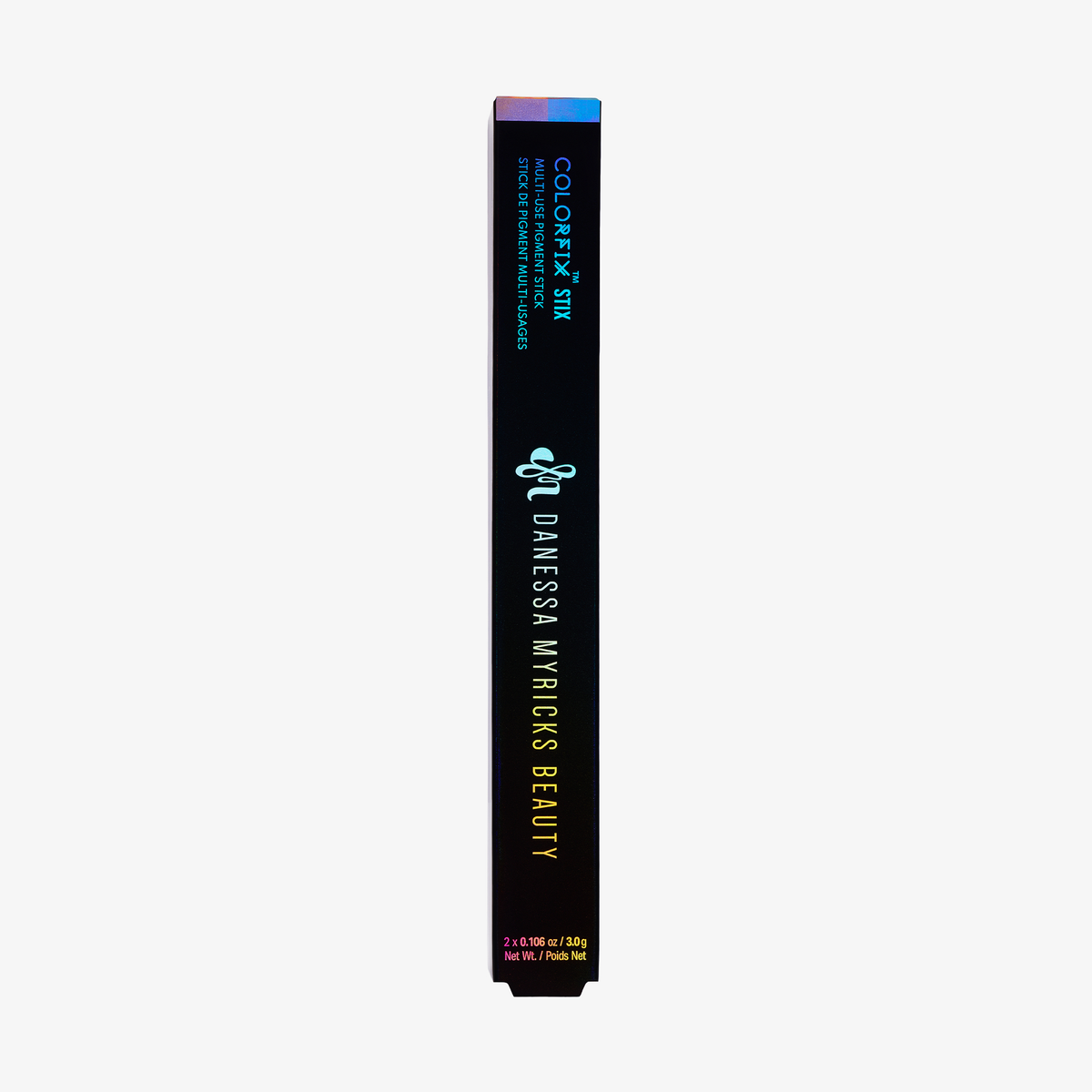 Ein vertikaler Colorfix Stix Infinity von Danessa Myricks Beauty mit einem schwarzen und regenbogenfarbenen Design.