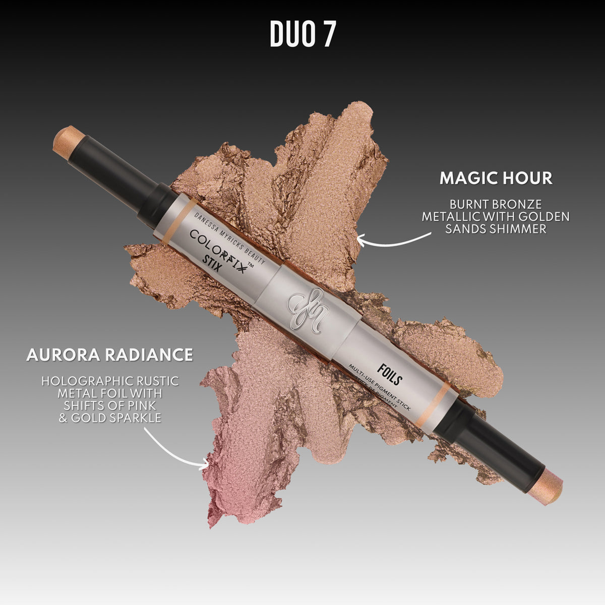 Duo 7 mit zwei Farben: „Magic Hour“ – bronzefarbener Metallicton mit goldenen Schimmerpartikeln und „Aurora Radiance“ – holografisches Roségold mit pink-goldenem Glanz.