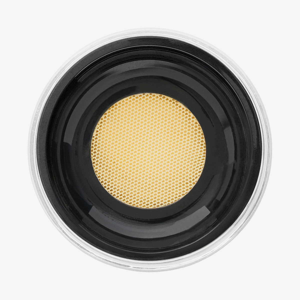 Draufsicht auf Danessa Myricks Beauty Evolution Powder in Gelb mit rundem Wabenmuster auf einem schwarz-silbernen Gehäuse.