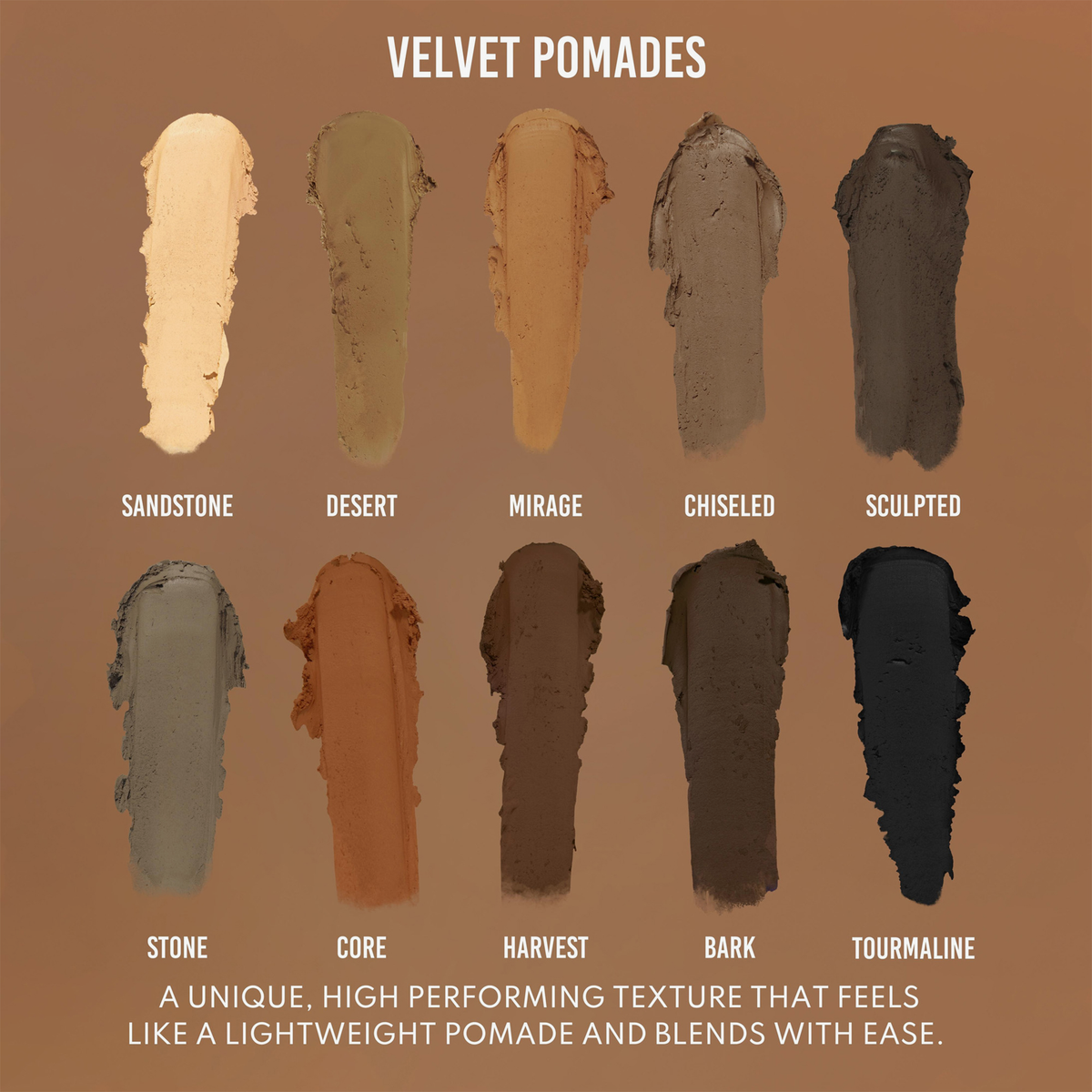 Zehn Pomade-Farben aus der Danessa Myricks Beauty Groundwork Palette - Defining Neutrals, die in zwei Reihen angeordnet und mit Namen wie Sandstone, Mirage und Tourmaline versehen sind.