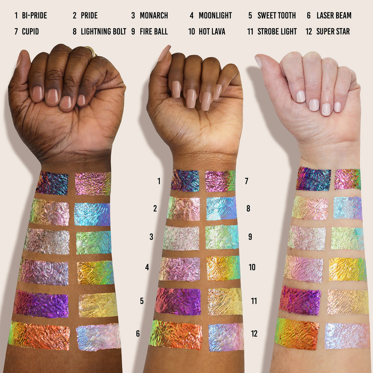 Drei Unterarme mit unterschiedlichen Hauttönen zeigen bunt schillernde Farbmuster der Infinite Chrome Flakes von Danessa Myricks Beauty.