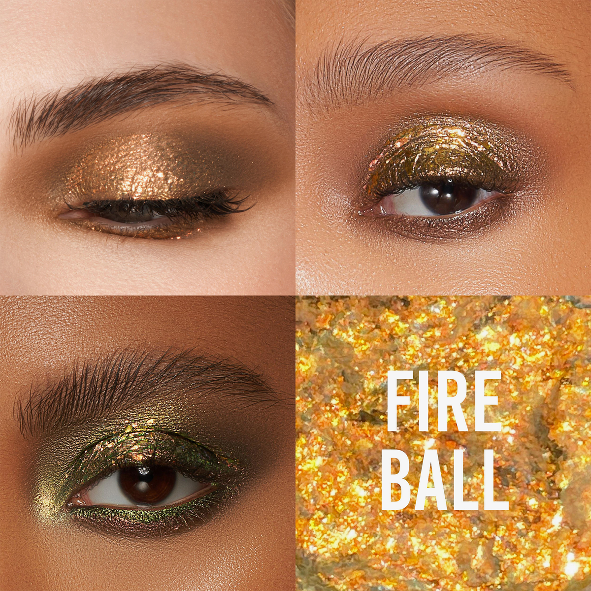 Augen mit glitzerndem goldenen und grünen Lidschatten, mit einer Nahaufnahme von Danessa Myricks Beauty Infinite Chrome Flakes im Farbton FIRE BALL.