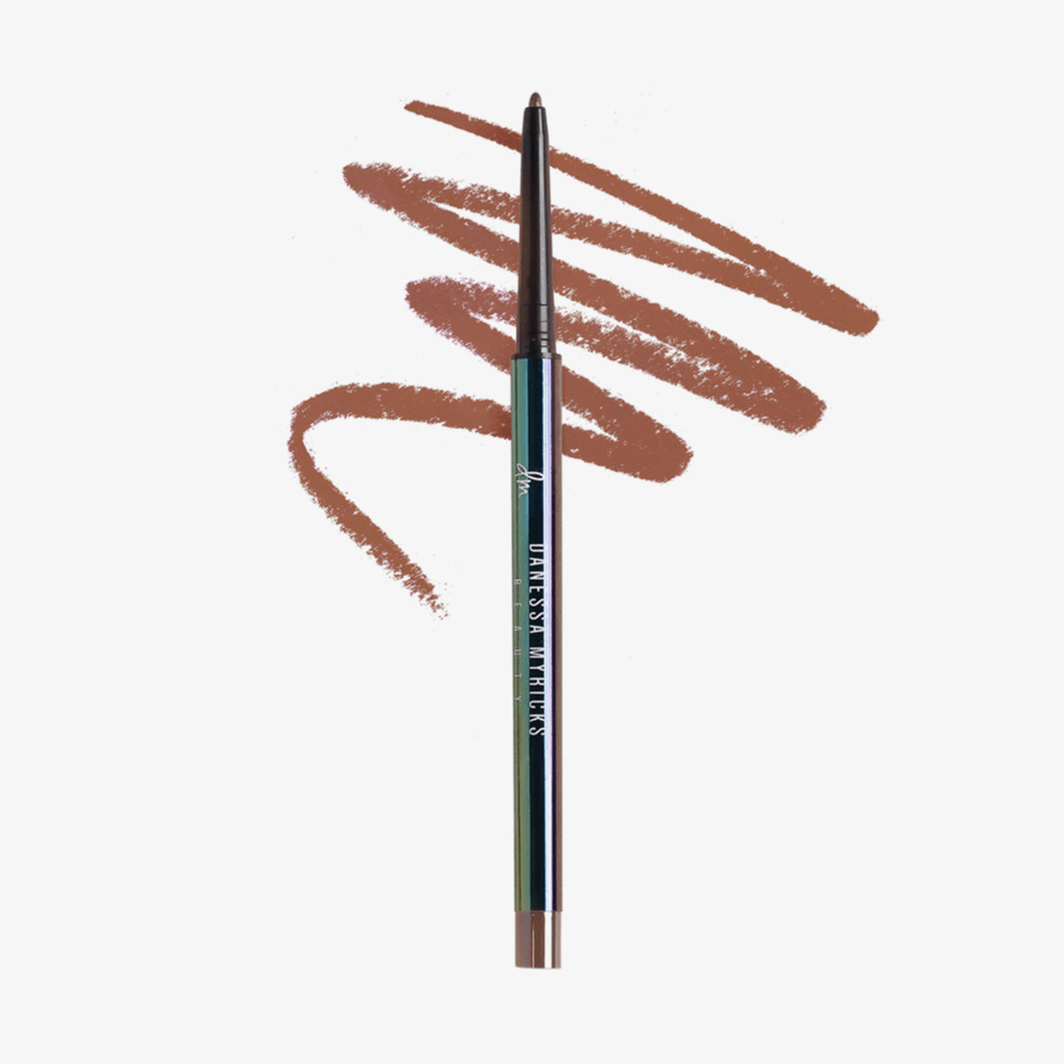 Schwarzer glänzender Infinite Chrome Pencil Bronzite; dahinter gezeichnete braune Striche auf weißem Hintergrund.