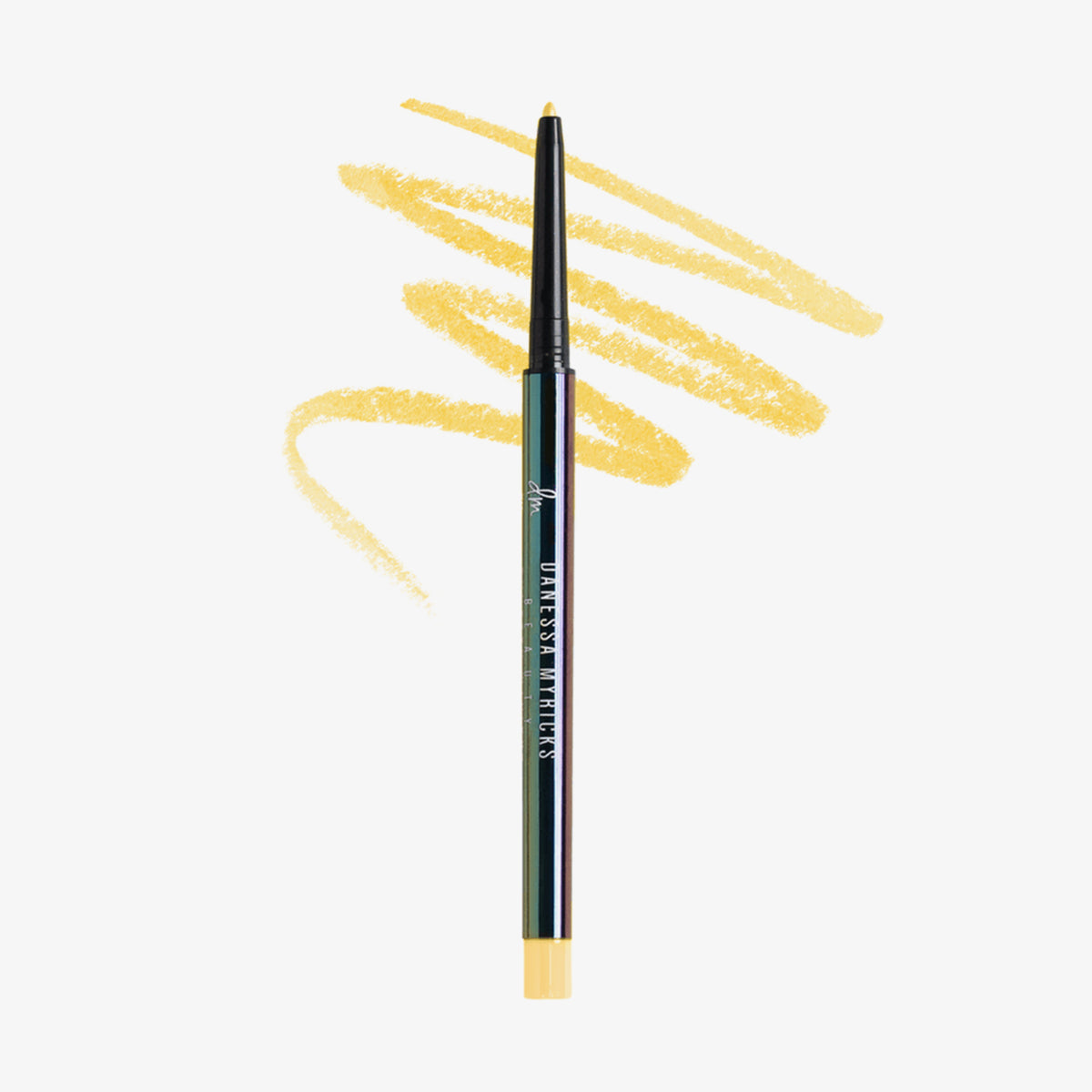 Schwarzer glänzender Infinite Chrome Pencil Lemon Quartz; dahinter gezeichnete gelbe Striche auf weißem Hintergrund.