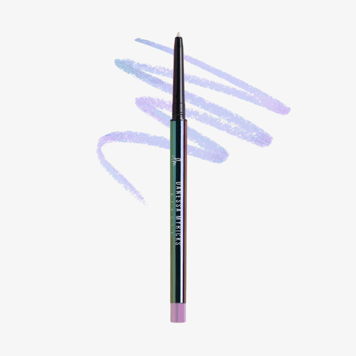 Schwarzer glänzender Infinite Chrome Pencil Lila Quartz; dahinter gezeichnete rosa-lila Striche auf weißem Hintergrund.