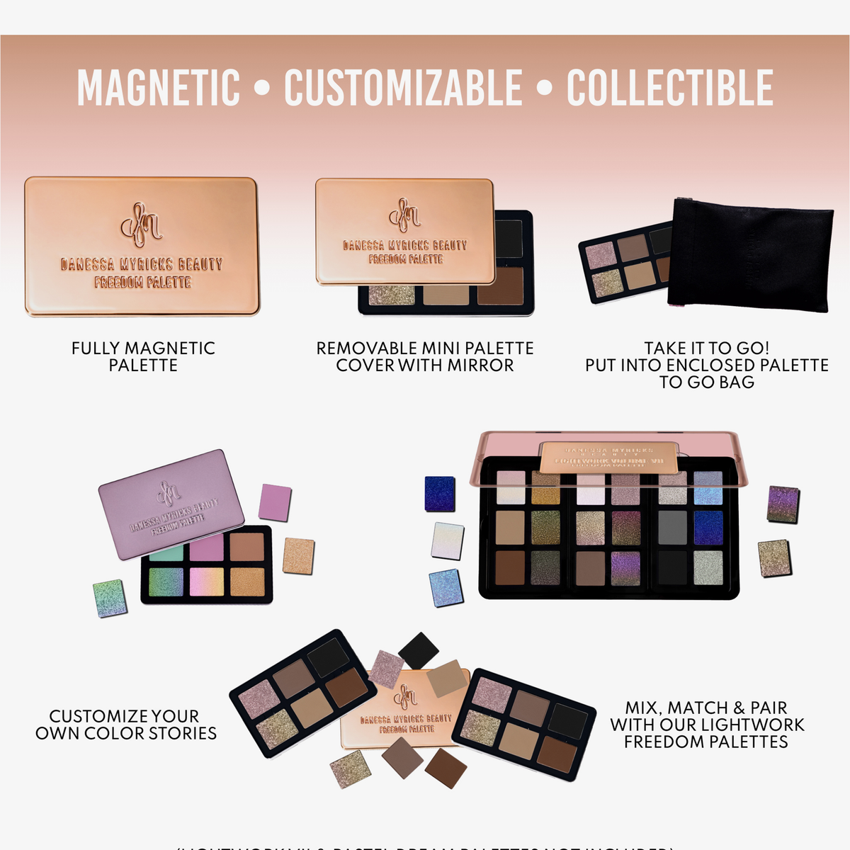 Die Danessa Myricks Beauty Lightwork Palette Freedom Palette Everyday Magic bietet individuell anpassbare, austauschbare Lidschattenpfännchen mit leicht verständlicher Anleitung.
