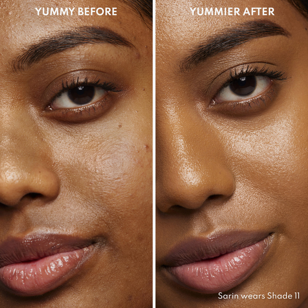 Vorher-Nachher-Bild einer Frau mit mittlerem bis dunkelm Hautton nach Anwendung des Yummy Skin Serum Tint 11 – sichtbar ebenmäßiger Teint.