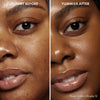 Vorher-Nachher-Bild einer Frau mit dunklem Hautton nach Anwendung des Yummy Skin Serum Tint 12 – sichtbar ebenmäßiger Teint.