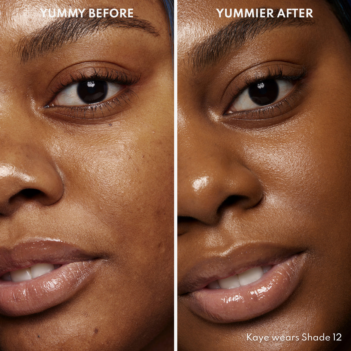 Vorher-Nachher-Bild einer Frau mit dunklem Hautton nach Anwendung des Yummy Skin Serum Tint 12 – sichtbar ebenmäßiger Teint.