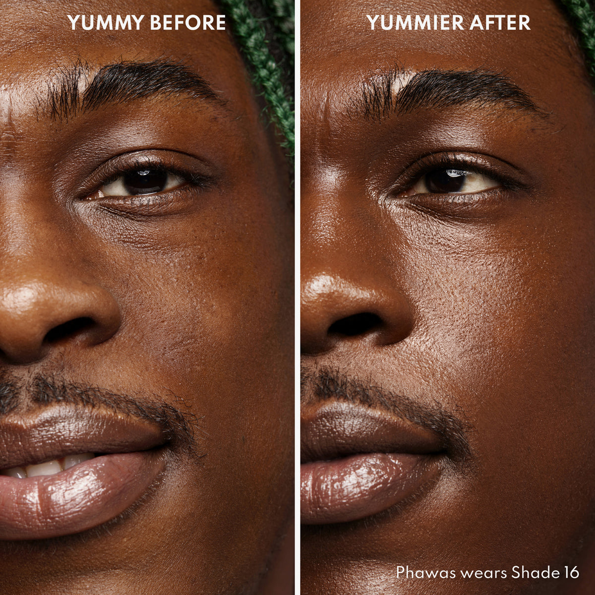 Vorher-Nachher-Bild einer Person mit dunklem Hautton nach Anwendung des Yummy Skin Serum Tint 16 – sichtbar ebenmäßiger Teint.