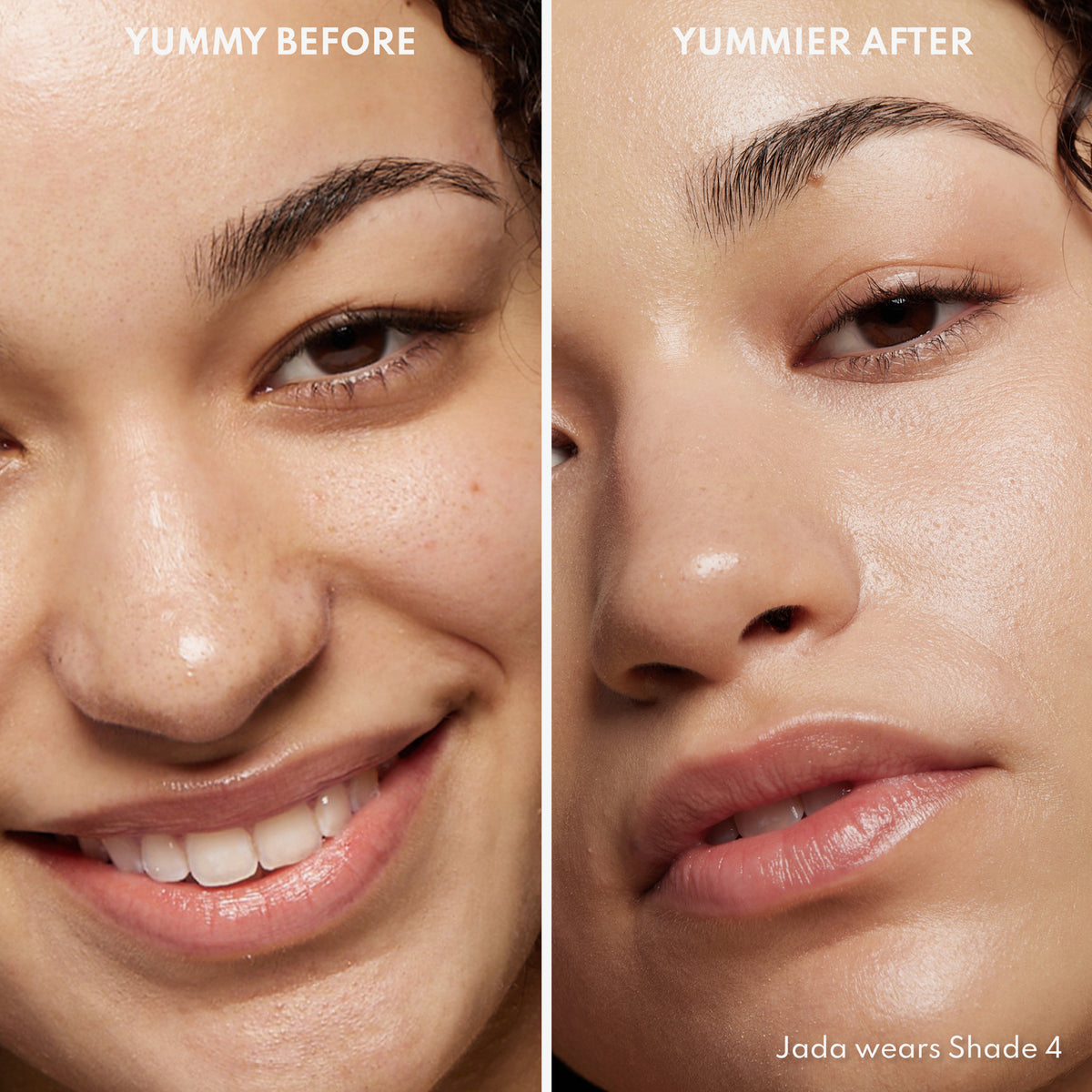 Vorher-Nachher-Bild einer Frau mit hellem bis mittlerem Hautton nach Anwendung des Yummy Skin Serum Tint 4 – sichtbar ebenmäßiger Teint.