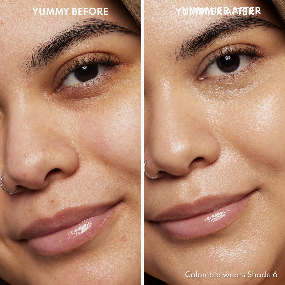 Vorher-Nachher-Bild einer Frau mit mittlerem Hautton nach Anwendung des Yummy Skin Serum Tint 6 – sichtbar ebenmäßiger Teint.