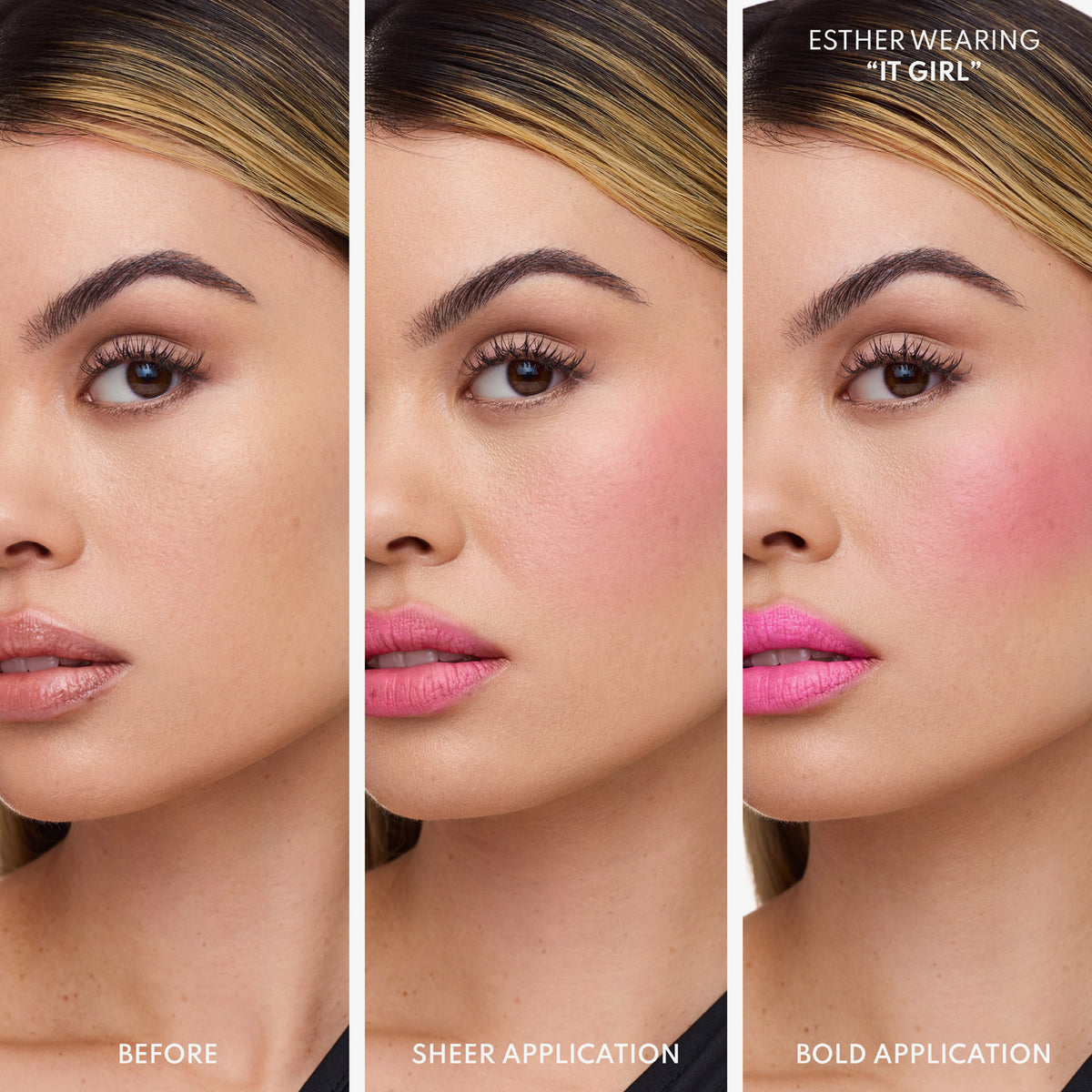 Frau trägt Blush in der Farbe ‚It Girl‘ – ungeschminkt, leicht aufgetragen und intensiv aufgetragen im Vergleich.
