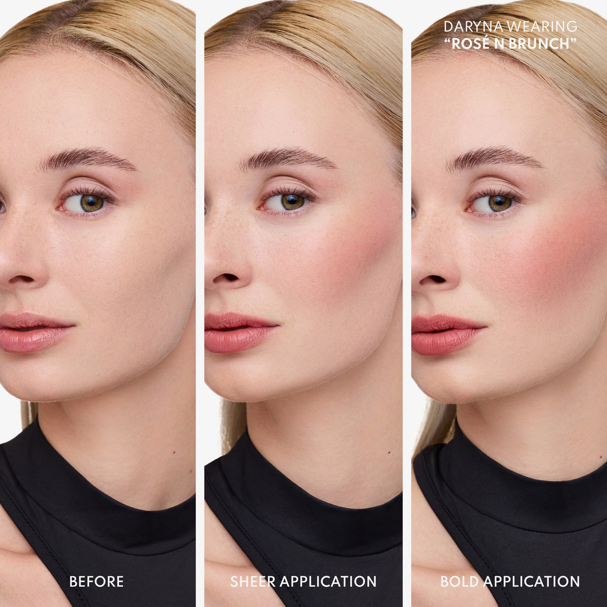 Frau trägt Blush in der Farbe ‚Rosé n Brunch‘ – ungeschminkt, leicht aufgetragen und intensiv aufgetragen im Vergleich.