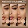 Drei Nahaufnahmen eines Gesichts: links ungeschminkt, mittig mit dewy Foundation, rechts mit matter Foundation – jeweils geglättet durch Blurring Balm Spray.