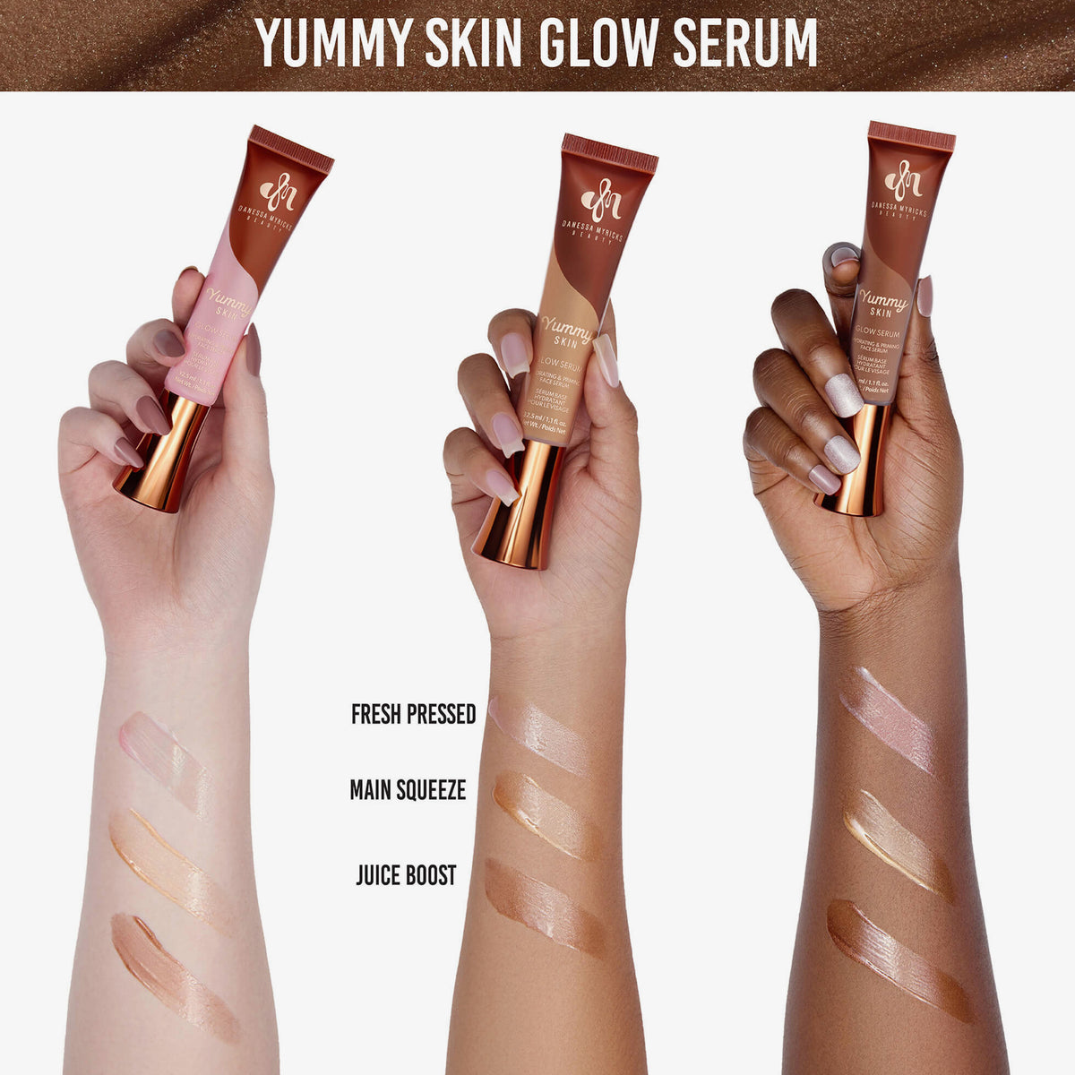 Drei Hände mit unterschiedlichen Hauttönen halten Yummy Skin Glow Serum Tuben und zeigen jeweils drei Muster der Seren auf ihrem Arm.