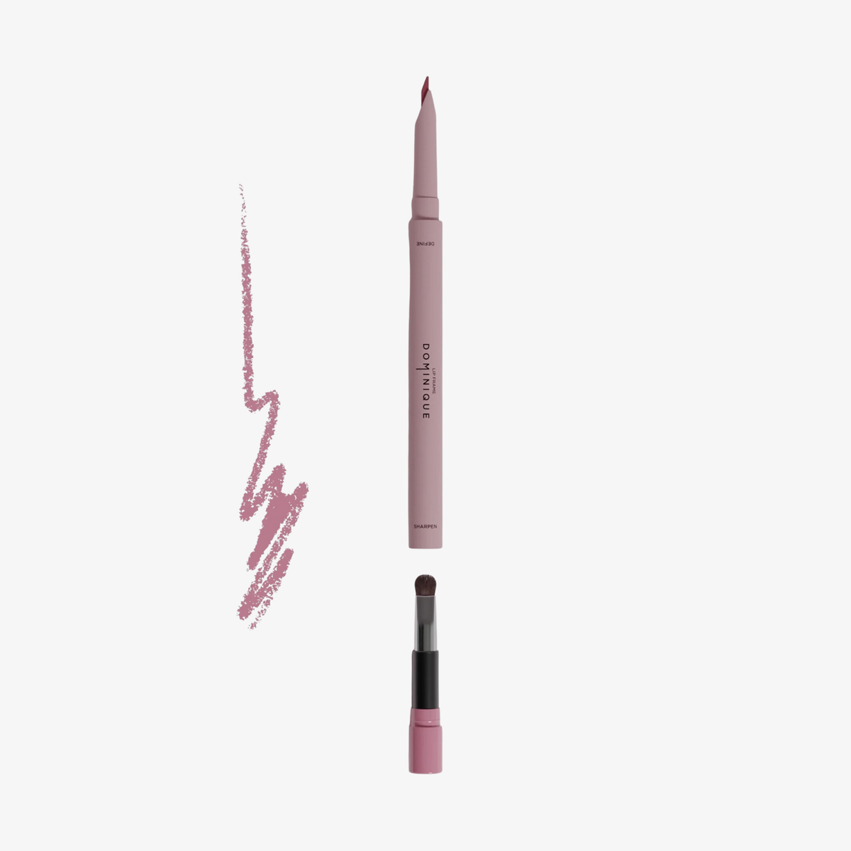 Dominique Cosmetics Lip Frame Pencil in Pink (Cool Girl Pink), mit einem Pinsel an einem Ende und einem rosa Muster auf weißem Hintergrund.