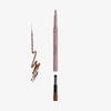 Dominique Cosmetics Lip Frame Pencil in dunklem Braun (Soft Brownie), mit einem Pinsel an einem Ende und einem dunkelbraunem Muster auf weißem Hintergrund.