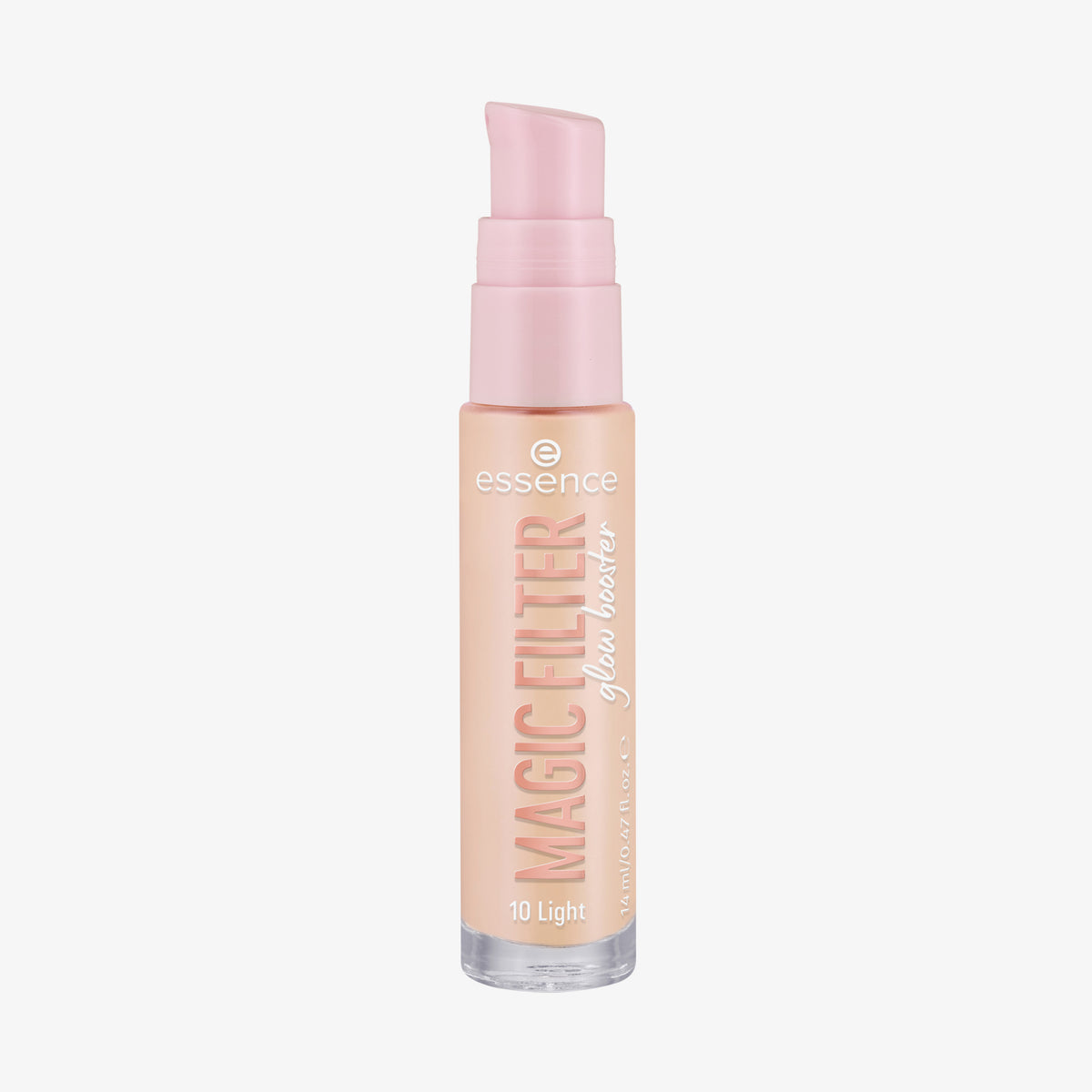 Transparente Flasche MAGIC FILTER Glow Booster im Farbton 10 Light mit rosa Pumpe und hellbeigem Inhalt.