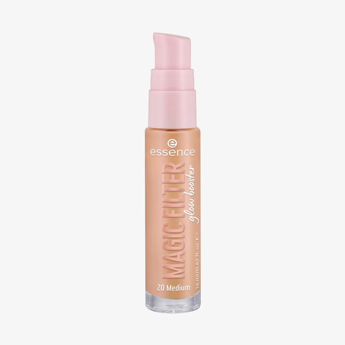 Transparente Flasche MAGIC FILTER Glow Booster im Farbton 20 Medium mit rosa Pumpe und beigem Inhalt.