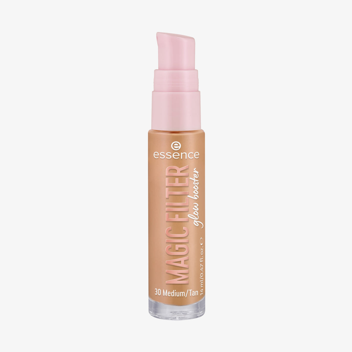 Transparente Flasche MAGIC FILTER Glow Booster im Farbton 30 Medium/ Tan mit rosa Pumpe und mittelbeigem Inhalt.
