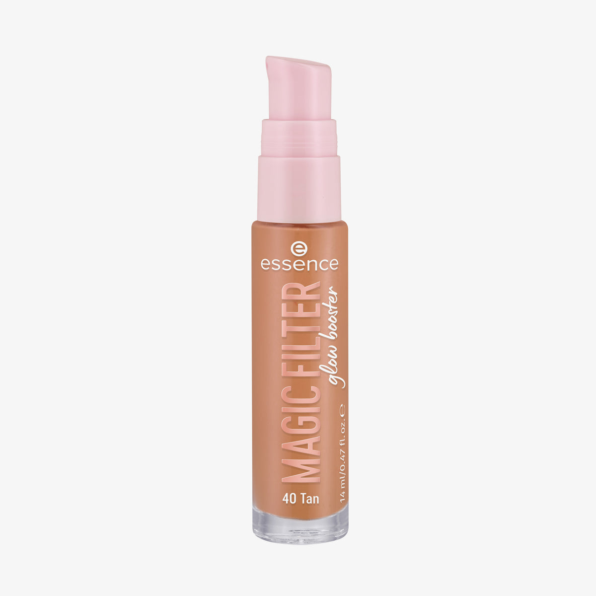 Transparente Flasche MAGIC FILTER Glow Booster im Farbton 40 Tan mit rosa Pumpe und hellbraunem Inhalt.
