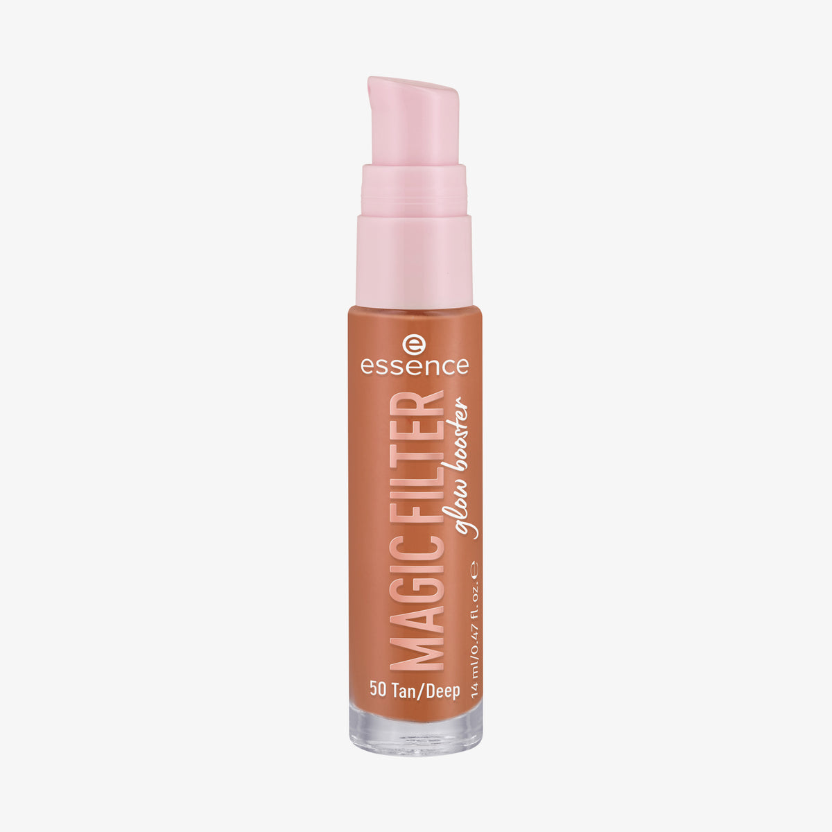 Transparente Flasche MAGIC FILTER Glow Booster im Farbton 50 Tan/ Deep mit rosa Pumpe und warmbraunem Inhalt.