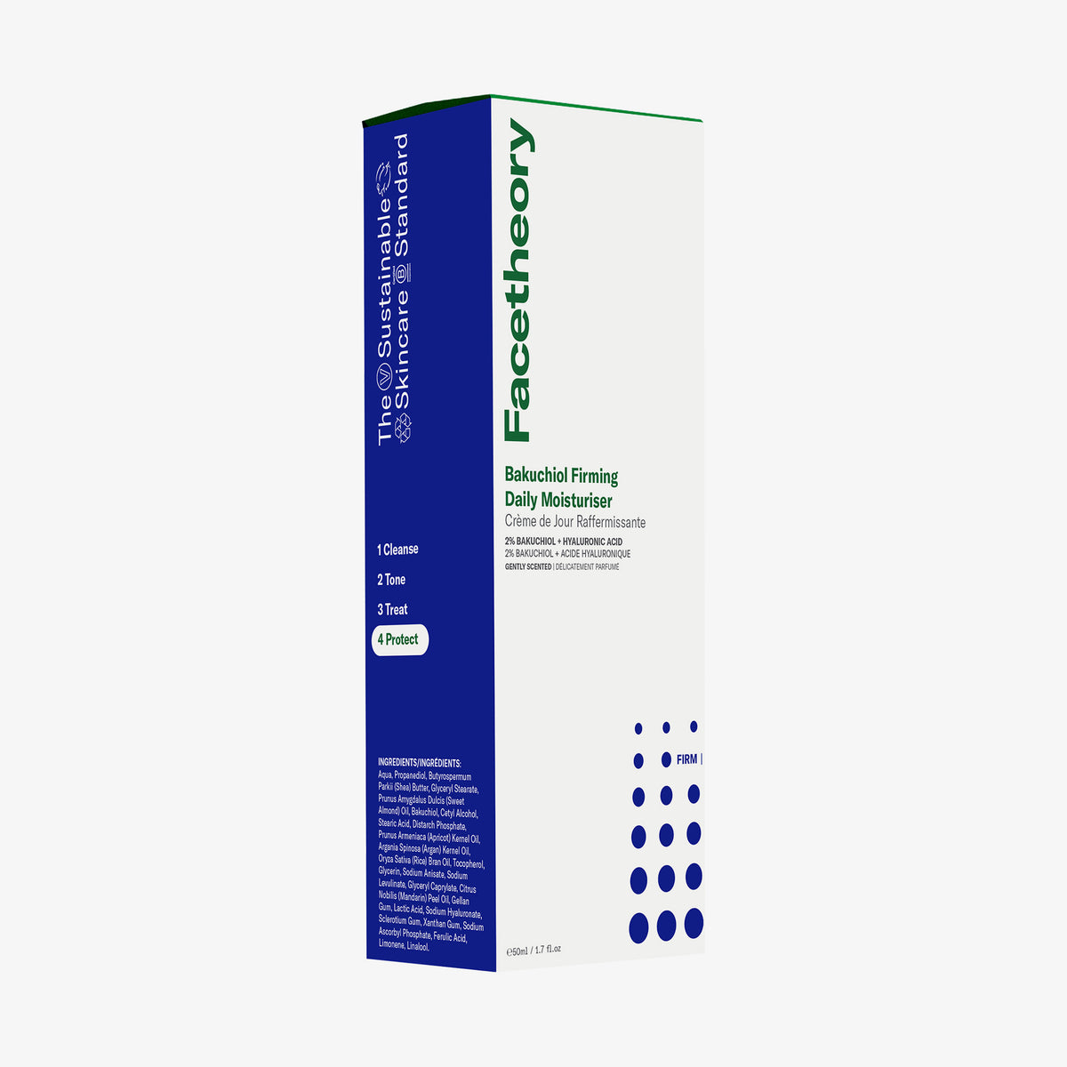 Blau-weiße Verpackung des Bakuchiol Firming Daily Moisturiser mit grünem Text vor weißem Hintergrund.